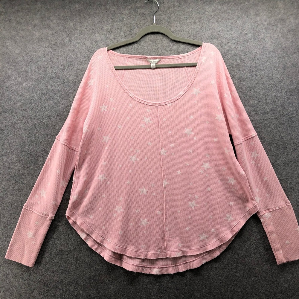 Lucky Brand Waffle Knit Star Print Top Womens L Baby Pink Long Sleeve Thermal